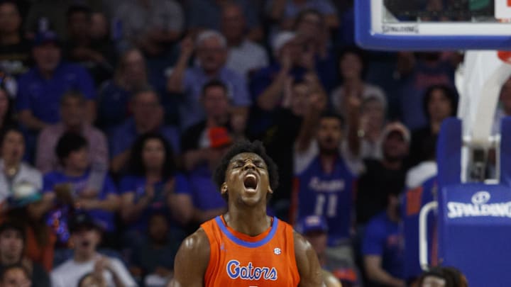 Feb 4, 2025; Gainesville, Florida, USA; Florida Gators center Rueben Chinyelu (9) reacts after a basket against the Vanderbilt Commodores during the first half at Exactech Arena at the Stephen C. O'Connell Center. Mandatory Credit: Morgan Tencza-Imagn Images