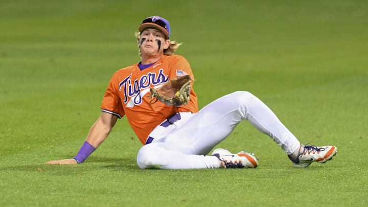 Clemson Tigers Ty Dalley (3) makes a diving catch Thursday, Oct. 23, 2025, during the exhibition baseball game against the Savannah Bananas at Doug Kingsmore Stadium in Clemson, South Carolina. Clemson Tigers Ty Dalley (3) makes a diving catch Thursday, Oct. 23, 2025, during the exhibition baseball game against the Savannah Bananas at Doug Kingsmore Stadium in Clemson, South Carolina.
