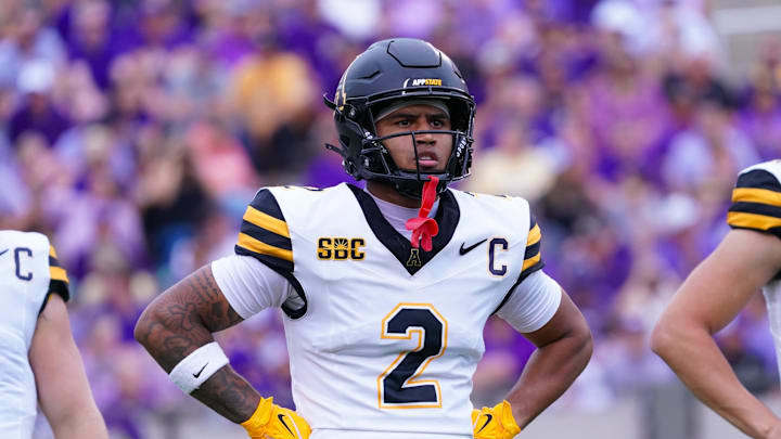 Sep 14, 2024; Greenville, North Carolina, USA;  Appalachian State Mountaineers wide receiver Kaedin Robinson (2) looks on against the East Carolina Pirates during the first half at Dowdy-Ficklen Stadium. Mandatory Credit: James Guillory-Imagn Images