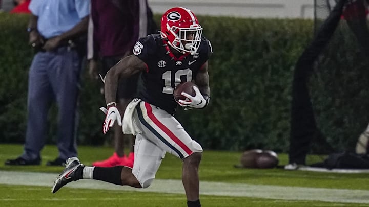 Nov 21, 2020; Athens, Georgia, USA; Georgia Bulldogs wide receiver Kearis Jackson (10) runs after a catch against the Mississippi State Bulldogs during the first half at Sanford Stadium. Mandatory Credit: Dale Zanine-Imagn Images