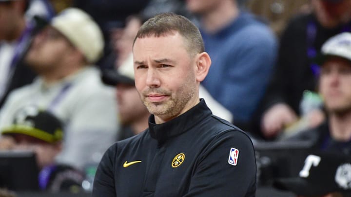 Mar 2, 2026; Salt Lake City, Utah, USA; Denver Nuggets head coach David Adelman watches his team play defense during the second half against the Utah Jazz at Delta Center. Mar 2, 2026; Salt Lake City, Utah, USA; Denver Nuggets head coach David Adelman watches his team play defense during the second half against the Utah Jazz at Delta Center.