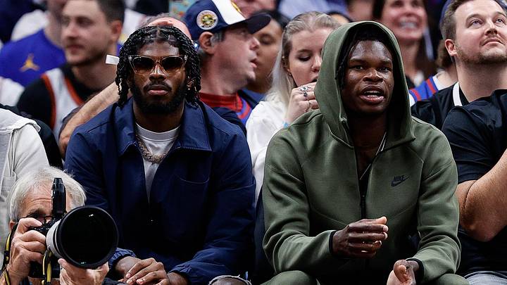 Oct 24, 2023; Denver, Colorado, USA; University of Colorado Buffaloes football players Shedeur Sanders (L) and Travis Hunter (R) watch during the third period between the Denver Nuggets and the Los Angeles Lakers at Ball Arena. Mandatory Credit: Isaiah J. Downing-Imagn Images Oct 24, 2023; Denver, Colorado, USA; University of Colorado Buffaloes football players Shedeur Sanders (L) and Travis Hunter (R) watch during the third period between the Denver Nuggets and the Los Angeles Lakers at Ball Arena. Mandatory Credit: Isaiah J. Downing-Imagn Images