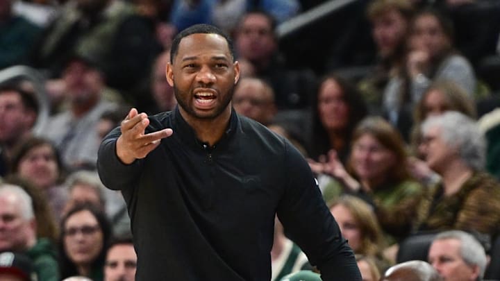 Apr 10, 2025; Milwaukee, Wisconsin, USA; New Orleans Pelicans head coach Willie Green reacts in the second quarter against the Milwaukee Bucks at Fiserv Forum. Mandatory Credit: Benny Sieu-Imagn Images