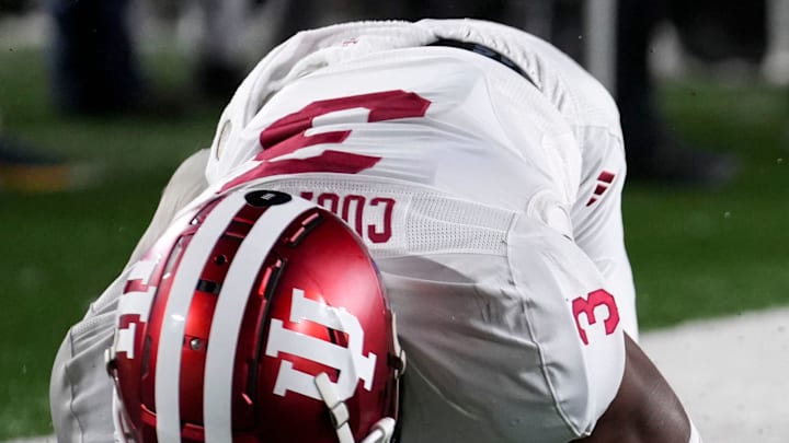 Indiana Hoosiers wide receiver Omar Cooper Jr. (3) scores a touchdown during the second half of a game between the Indiana Hoosiers and the Notre Dame Fighting Irish in first round of the College Football Playoff on Saturday, Dec. 21, 2024, in South Bend. Notre Dame defeated Indiana 27-17.