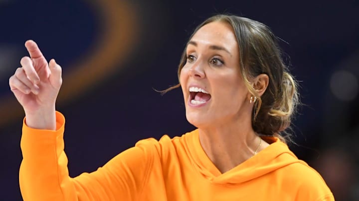Tennessee Volunteers head coach Kim Caldwell yells down court Thursday, March 5, 2026, during the SEC Women's Basketball Tournament second round game against the Alabama Crimson Tide at Bon Secours Wellness Arena in Greenville, South Carolina.