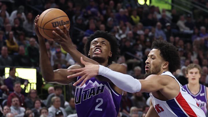 Jan 3, 2024; Salt Lake City, Utah, USA; Utah Jazz guard Collin Sexton (2) goes to the basket against Detroit Pistons guard Cade Cunningham (2) during the first quarter at Delta Center. Mandatory Credit: Rob Gray-Imagn Images
