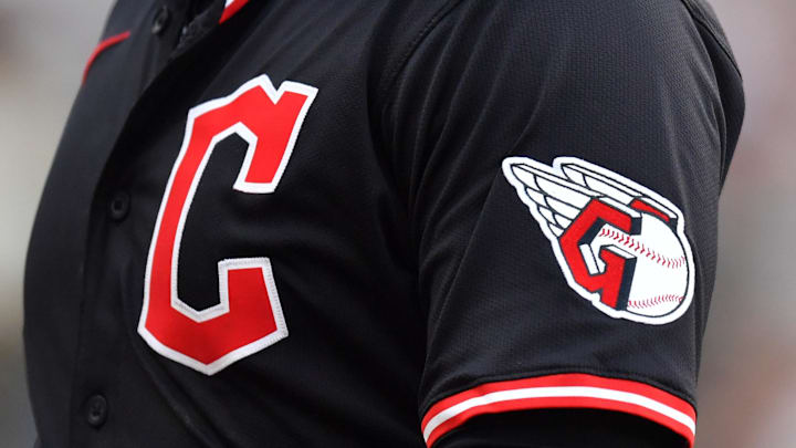 Jul 12, 2025; Chicago, Illinois, USA; A general stock view of the Cleveland Guardians logo is seen during a game against the Chicago White Sox at Rate Field. Mandatory Credit: Patrick Gorski-Imagn Images
