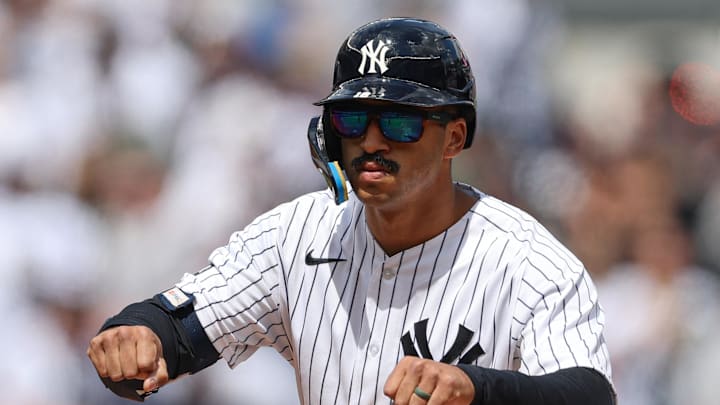 May 2, 2026; Bronx, New York, USA; New York Yankees center fielder Trent Grisham (12) reacts after hitting a double during the third inning against the Baltimore Orioles at Yankee Stadium. Mandatory Credit: Vincent Carchietta-Imagn Images