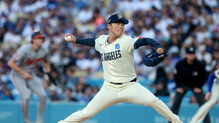 Jun 20, 2026; Los Angeles, California, USA; Los Angeles Dodgers pitcher Yoshinobu Yamamoto (18) throws during the second inning against the Baltimore Orioles at Dodger Stadium. Mandatory Credit: William Navarro-Imagn Images