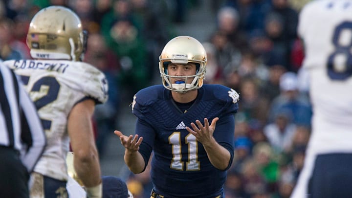 Notre Dame QB Tommy Rees reacts after an official's whistle stops the game before a snap during the Notre Dame vs. Navy football game on Saturday, Nov. 2, 2013, at Notre Dame Stadium in South Bend. SBT Photo/ROBERT FRANKLIN via FTP

Notre Dame Vs Navy
