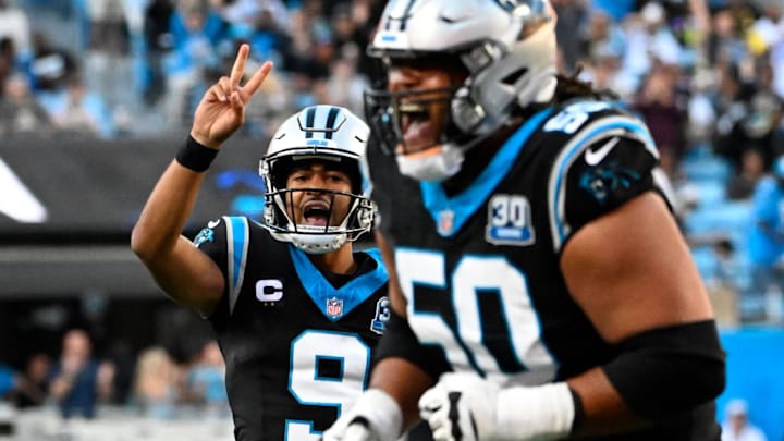Nov 3, 2024; Charlotte, North Carolina, USA; Carolina Panthers quarterback Bryce Young (9) calls to try a two point play as guard Robert Hunt (50) reacts in the fourth quarter at Bank of America Stadium. Mandatory Credit: Bob Donnan-Imagn Images Nov 3, 2024; Charlotte, North Carolina, USA; Carolina Panthers quarterback Bryce Young (9) calls to try a two point play as guard Robert Hunt (50) reacts in the fourth quarter at Bank of America Stadium. Mandatory Credit: Bob Donnan-Imagn Images