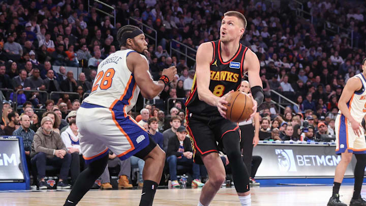 Jan 2, 2026; New York, New York, USA; Atlanta Hawks center Kristaps Porzingis (8) looks to post up against New York Knicks forward Guerschon Yabusele (28) in the third quarter at Madison Square Garden. Mandatory Credit: Wendell Cruz-Imagn Images Jan 2, 2026; New York, New York, USA; Atlanta Hawks center Kristaps Porzingis (8) looks to post up against New York Knicks forward Guerschon Yabusele (28) in the third quarter at Madison Square Garden. Mandatory Credit: Wendell Cruz-Imagn Images