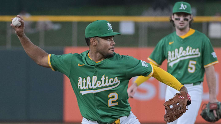 Aug 25, 2025; West Sacramento, California, USA; Athletics third baseman Darell Hernaiz (2) throws the ball to first during the third inning of the game against the Detroit Tigers at Sutter Health Park. Mandatory Credit: Ed Szczepanski-Imagn Images Aug 25, 2025; West Sacramento, California, USA; Athletics third baseman Darell Hernaiz (2) throws the ball to first during the third inning of the game against the Detroit Tigers at Sutter Health Park. Mandatory Credit: Ed Szczepanski-Imagn Images