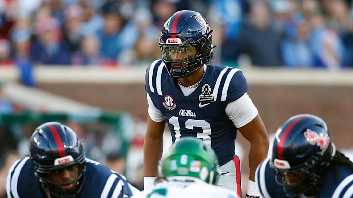Dec 20, 2025; Oxford, MS, USA; Mississippi Rebels quarterback Austin Simmons (13) waits for the snap during the second quarter against the Tulane Green Wave at Vaught-Hemingway Stadium. Mandatory Credit: Petre Thomas-Imagn Images