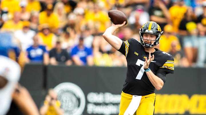 Iowa quarterback Spencer Petras (7) passes the ball during a NCAA football game against South Dakota
