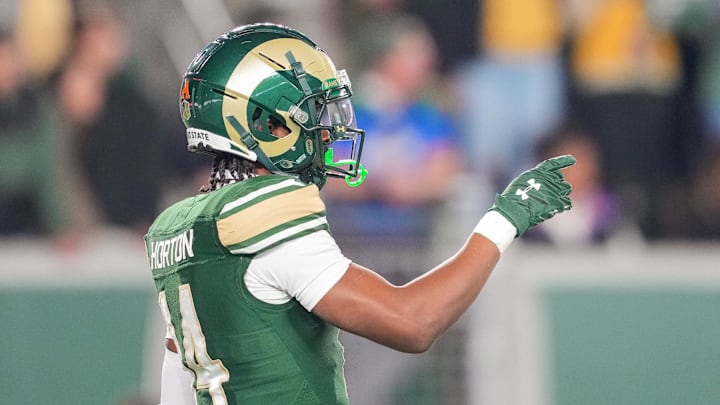 Nov 11, 2023; Fort Collins, Colorado, USA; Colorado State Rams wide receiver Tory Horton (14) signals to his team during the second quarter  against the San Diego State Aztecs at Sonny Lubick Field at Canvas Stadium. Mandatory Credit: Andrew Wevers-Imagn Images