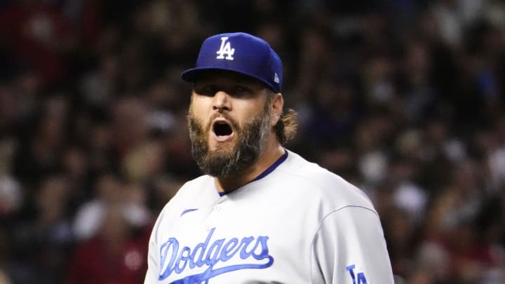 Los Angeles Dodgers starting pitcher Lance Lynn reacts against the Arizona Diamondbacks in the NLDS
