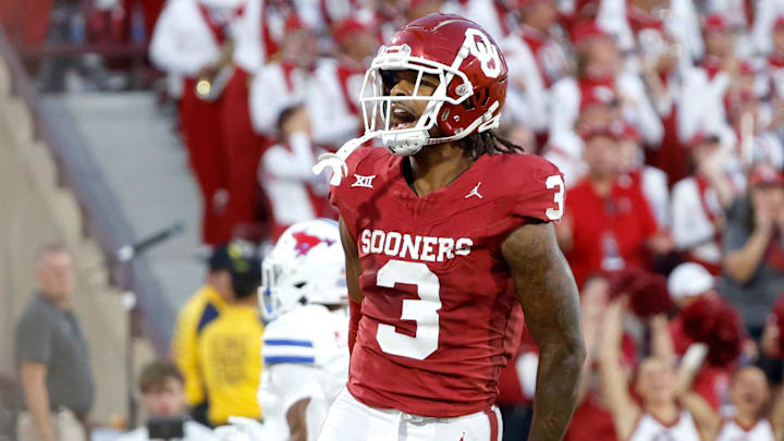 Oklahoma's Jalil Farooq (3) celebrates a touchdown in the second half of the college football game between the University of Oklahoma Sooners and the Southern Methodist University Mustangs at the Gaylord Family Oklahoma Memorial Stadium in Norman, Okla., Saturday, Sept. 9, 2023.