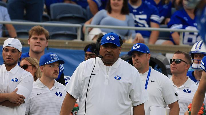 Dec 27, 2025; Orlando, FL, USA; BYU Cougars head coach Kalani Sitake against the Georgia Tech Yellow Jackets  during the first half at Camping World Stadium. Mandatory Credit: Kim Klement Neitzel-Imagn Images