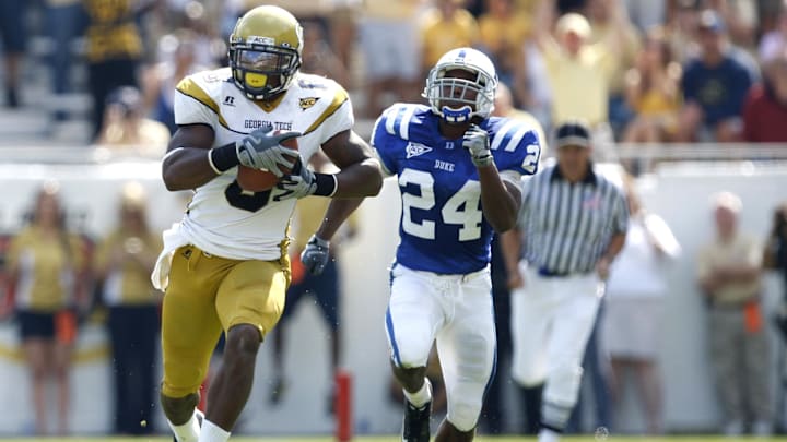 October 4, 2008;  Atlanta, GA, USA;  Georgia Tech wide receiver Demaryius Thomas (8) gets behind Duke Blue Devils cornerback Glenn Williams (24) to catch a touchdown pass in the second half at Bobby Dodd Stadium. Georgia Tech defeated Duke 27-0. Mandatory Credit: Dale Zanine- Imagn Images