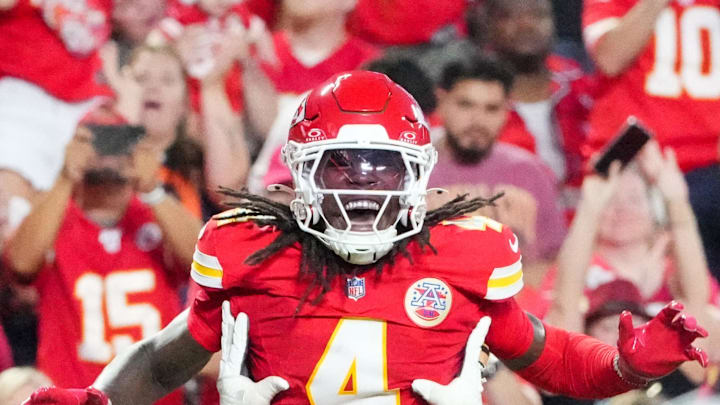 Aug 22, 2025; Kansas City, Missouri, USA; Kansas City Chiefs wide receiver Rashee Rice (4) celebrates with guard Trey Smith (65) after scoring against the Chicago Bears during the first half of the game at GEHA Field at Arrowhead Stadium. Mandatory Credit: Denny Medley-Imagn Images Aug 22, 2025; Kansas City, Missouri, USA; Kansas City Chiefs wide receiver Rashee Rice (4) celebrates with guard Trey Smith (65) after scoring against the Chicago Bears during the first half of the game at GEHA Field at Arrowhead Stadium. Mandatory Credit: Denny Medley-Imagn Images