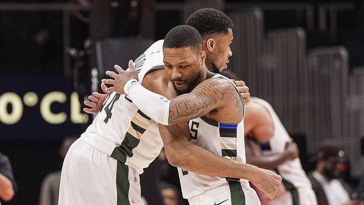 Mar 4, 2025; Atlanta, Georgia, USA; Milwaukee Bucks forward Giannis Antetokounmpo (34) and guard Damian Lillard (0) react after defeating the Atlanta Hawks at State Farm Arena. Mandatory Credit: Dale Zanine-Imagn Images Mar 4, 2025; Atlanta, Georgia, USA; Milwaukee Bucks forward Giannis Antetokounmpo (34) and guard Damian Lillard (0) react after defeating the Atlanta Hawks at State Farm Arena. Mandatory Credit: Dale Zanine-Imagn Images