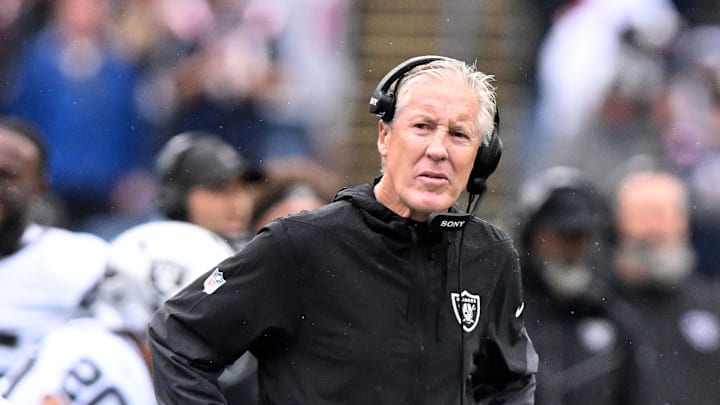 Sep 7, 2025; Foxborough, Massachusetts, USA; Las Vegas Raiders head coach Pete Carroll  during the first half at Gillette Stadium. Mandatory Credit: Brian Fluharty-Imagn Images