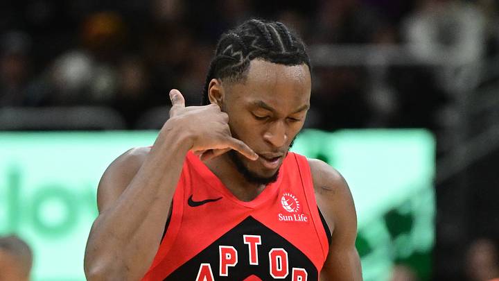 Feb 22, 2026; Milwaukee, Wisconsin, USA; Toronto Raptors guard Immanuel Quickley (5) reacts after scoring a 3-point basket against the Milwaukee Bucks in the third quarter at Fiserv Forum. Mandatory Credit: Benny Sieu-Imagn Images Feb 22, 2026; Milwaukee, Wisconsin, USA; Toronto Raptors guard Immanuel Quickley (5) reacts after scoring a 3-point basket against the Milwaukee Bucks in the third quarter at Fiserv Forum. Mandatory Credit: Benny Sieu-Imagn Images