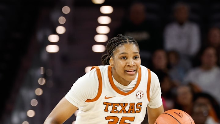 Dec 14, 2025; Fort Worth, Texas, USA; Texas Longhorns forward Madison Booker (35) dribbles the ball upcourt against the Baylor Bears during the first half at Dickies Arena. Mandatory Credit: Chris Jones-Imagn Images
