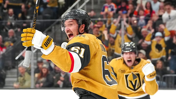 Mar 26, 2026; Las Vegas, Nevada, USA; Vegas Golden Knights right wing Mark Stone (61) celebrates after scoring a goal against the Edmonton Oilers during the second period at T-Mobile Arena. Mandatory Credit: Stephen R. Sylvanie-Imagn Images Mar 26, 2026; Las Vegas, Nevada, USA; Vegas Golden Knights right wing Mark Stone (61) celebrates after scoring a goal against the Edmonton Oilers during the second period at T-Mobile Arena. Mandatory Credit: Stephen R. Sylvanie-Imagn Images
