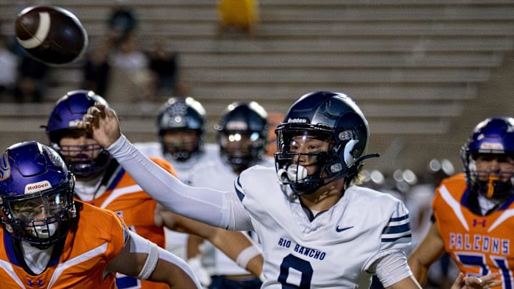 New Mexico’s Rio Rancho quarterback Micah Takahashi (9) throws the ball during a high school football game against Eastlake at SAC 1 in El Paso, Texas, on Thursday, Sept. 18, 2025.