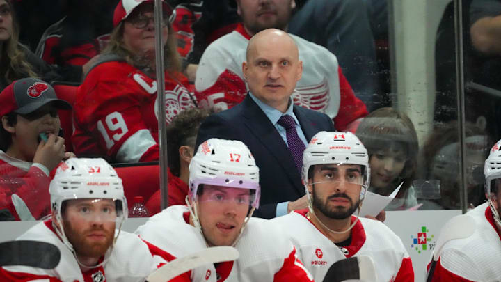 Mar 28, 2024; Raleigh, North Carolina, USA;  Detroit Red Wings head coach Derek Lalonde looks on from behind the bench against the Carolina Hurricanes during the second period at PNC Arena. 