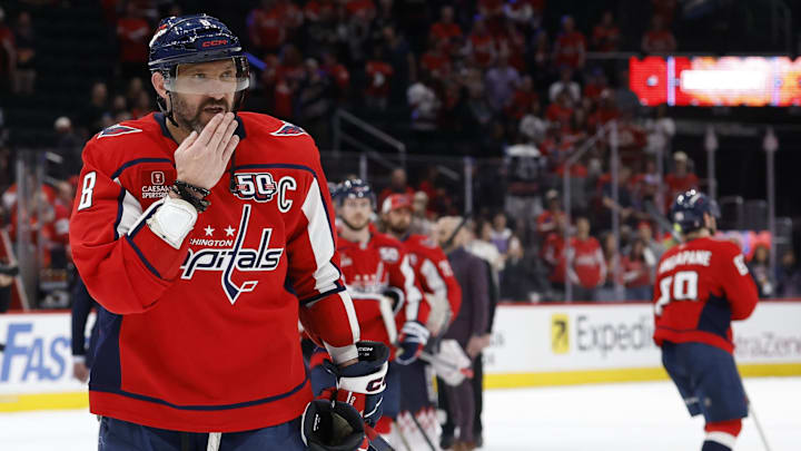 May 15, 2025; Washington, District of Columbia, USA; Washington Capitals left wing Alex Ovechkin (8) blows a kiss to his son in the stands after game five of the second round of the 2025 Stanley Cup Playoffs against the Carolina Hurricanes at Capital One Arena. Mandatory Credit: Geoff Burke-Imagn Images
