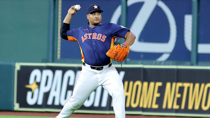 May 28, 2025; Houston, Texas, USA; Houston Astros pitcher Luis Garcia (77) works out prior to the game against the Athletics at Daikin Park.