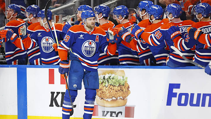 Dec 10, 2024; Edmonton, Alberta, CAN; The Edmonton Oilers celebrate a goal scored by forward Leon Draisaitl (29) during the second period against the Tampa Bay Lightning at Rogers Place. Mandatory Credit: Perry Nelson-Imagn Images