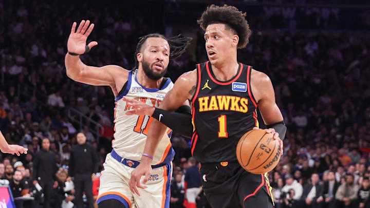 Jan 2, 2026; New York, New York, USA;  Atlanta Hawks forward Jalen Johnson (1) drives past New York Knicks guard Jalen Brunson (11) in the third quarter at Madison Square Garden. Mandatory Credit: Wendell Cruz-Imagn Images