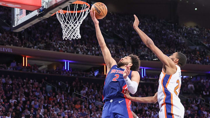 Apr 29, 2025; New York, New York, USA; Detroit Pistons guard Cade Cunningham (2) drives past New York Knicks forward Mikal Bridges (25) in the fourth quarter during game five of first round for the 2025 NBA Playoffs at Madison Square Garden. Mandatory Credit: Wendell Cruz-Imagn Images Apr 29, 2025; New York, New York, USA; Detroit Pistons guard Cade Cunningham (2) drives past New York Knicks forward Mikal Bridges (25) in the fourth quarter during game five of first round for the 2025 NBA Playoffs at Madison Square Garden. Mandatory Credit: Wendell Cruz-Imagn Images