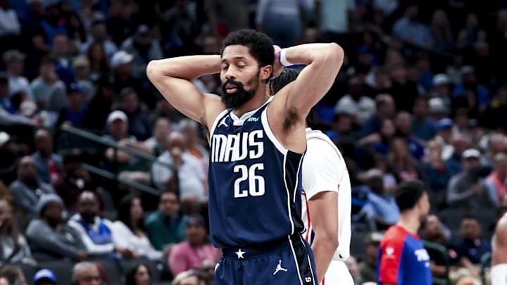 Mar 16, 2025; Dallas, Texas, USA;  Dallas Mavericks guard Spencer Dinwiddie (26) reacts against the Philadelphia 76ers during the second half at American Airlines Center. Mandatory Credit: Kevin Jairaj-Imagn Images