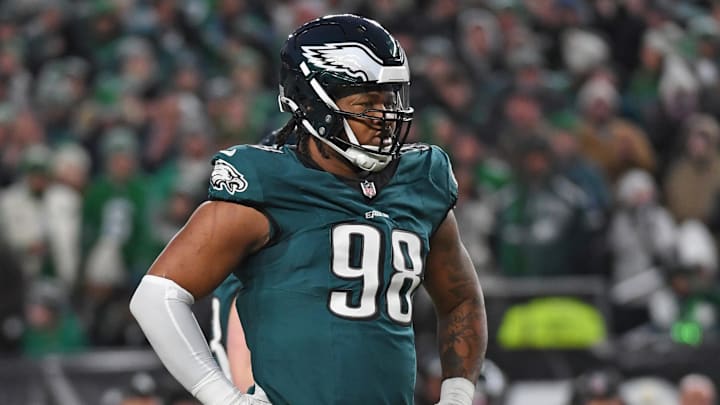 Jan 12, 2025; Philadelphia, Pennsylvania, USA; Philadelphia Eagles defensive tackle Jalen Carter (98) against the Green Bay Packers in an NFC wild card game at Lincoln Financial Field. Mandatory Credit: Eric Hartline-Imagn Images