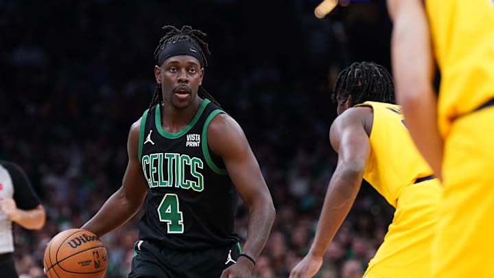 May 23, 2024; Boston, Massachusetts, USA; Boston Celtics guard Jrue Holiday (4) dribbles the ball against the Indiana Pacers in the first half during game two of the eastern conference finals for the 2024 NBA playoffs at TD Garden. Mandatory Credit: David Butler II-USA TODAY Sports