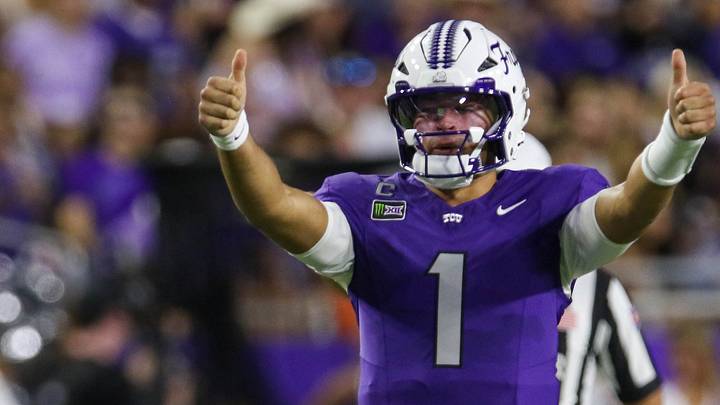 Through the facemask, TCU quarterback Jaden Craig (1) signals to his teammates during the Horned Frogs’ win over Arkansas State. Through the facemask, TCU quarterback Jaden Craig (1) signals to his teammates during the Horned Frogs’ win over Arkansas State.