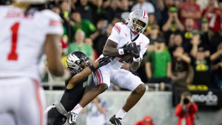 Ohio State Buckeyes wide receiver Jeremiah Smith hauls in a catch as the No. 3 Oregon Ducks host the No. 2 Ohio State Buckeyes Saturday, Oct. 12, 2024 at Autzen Stadium in Eugene, Ore.