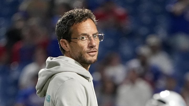Former Miami Dolphins head coach Mike McDaniel looks on before the game against the Buffalo Bills at Highmark Stadium. - Gregory Fisher-Imagn Images