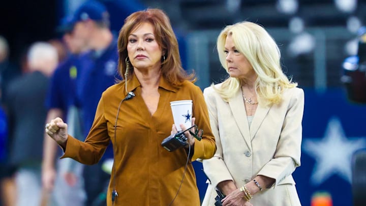 Dallas Cowboys cheerleaders director Kelli Finglass and choreographer Judy Trammell before a game against the Kansas City Chiefs 