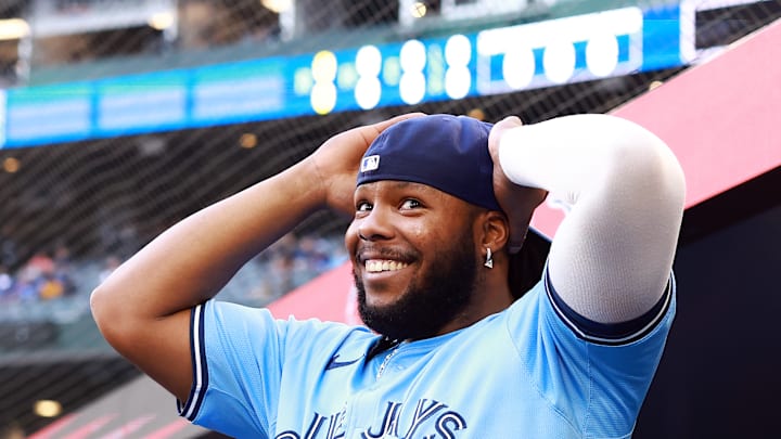 Vladimir Guerrero Jr. smiles during a game this week in Chicago against the White Sox.