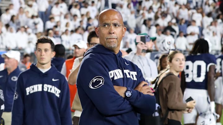 Oct 11, 2025; University Park, Pennsylvania, USA; Penn State Nittany Lions head coach James Franklin stands on the field following the game against the Northwestern Wildcats at Beaver Stadium. Mandatory Credit: Matthew O'Haren-Imagn Images