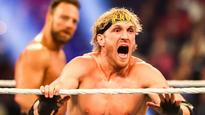 Logan Paul yells in celebration Saturday, Feb. 1, 2025, during the WWE Royal Rumble at Lucas Oil Stadium in Indianapolis.