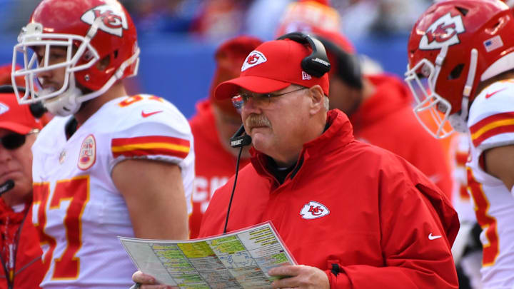 Nov 19, 2017; East Rutherford, NJ, USA; Kansas City Chiefs head coach Andy Reid in the first half against the New York Giants in the NFL game at MetLife Stadium. Mandatory Credit: Robert Deutsch-Imagn Images Nov 19, 2017; East Rutherford, NJ, USA; Kansas City Chiefs head coach Andy Reid in the first half against the New York Giants in the NFL game at MetLife Stadium. Mandatory Credit: Robert Deutsch-Imagn Images