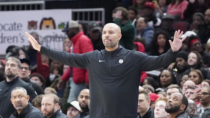 Mar 13, 2025; Chicago, Illinois, USA; Brooklyn Nets head coach Jordi Fernández  gestures to his team in a game against the Chicago Bulls during the second half at United Center. Mandatory Credit: David Banks-Imagn Images