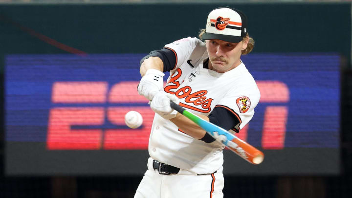 Jul 15, 2024; Arlington, TX, USA; American League shortstop Gunnar Henderson of the Baltimore Orioles (2) competes during the 2024 Home Run Derby at Globe Life Field. Jul 15, 2024; Arlington, TX, USA; American League shortstop Gunnar Henderson of the Baltimore Orioles (2) competes during the 2024 Home Run Derby at Globe Life Field.